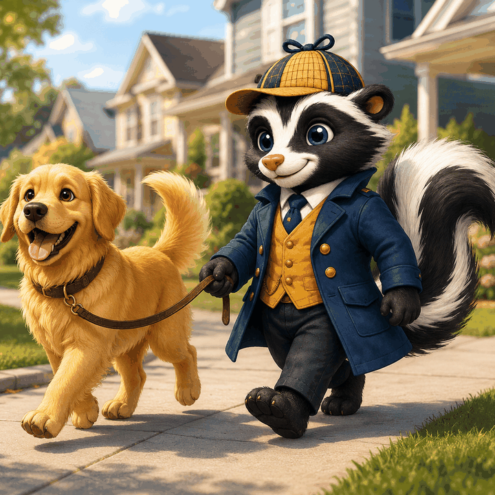 Fine Print, the CoverageDecoder mascot, walking a golden retriever on a leash