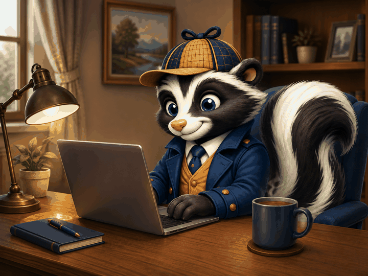 Fine Print, the CoverageDecoder mascot, working at a laptop in a home office
