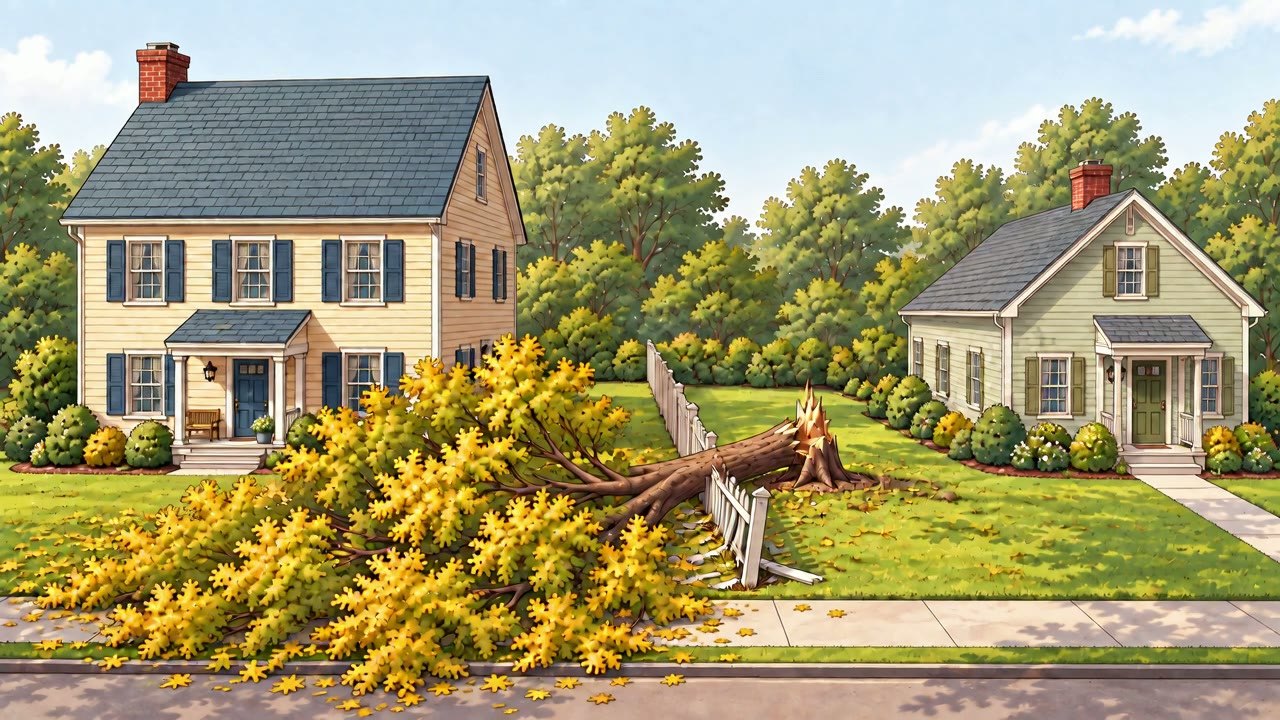 Illustration from the What-If House: a neighbor's oak has fallen across a white picket fence into the front yard, with the stump still standing in the neighbor's yard