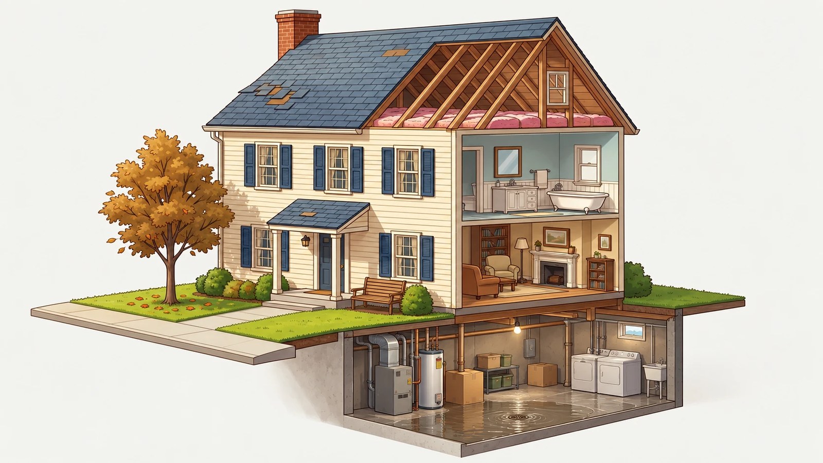 Cutaway of the What-If House showing the basement, with water rising from the floor drain toward the storage boxes