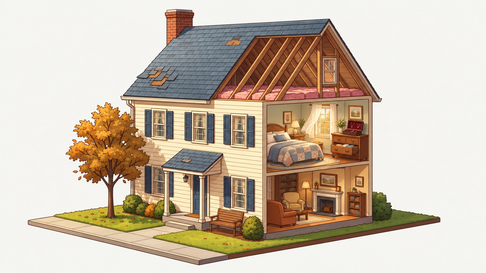 Cutaway of the What-If House showing the bedroom, with an open jewelry box on the dresser