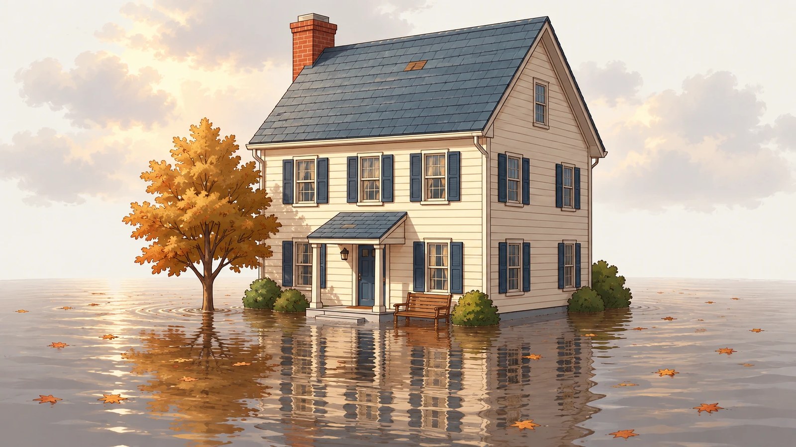 The What-If House with calm floodwater covering the yard up to the porch step