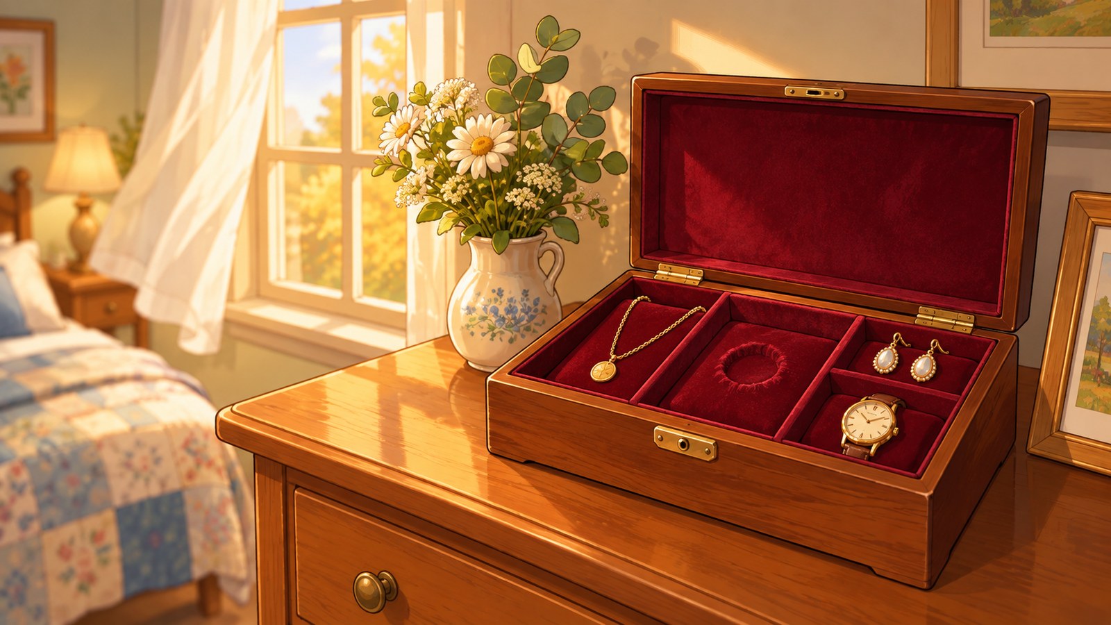 Close-up of the open jewelry box: necklace, earrings, and watch in their slots, and an empty impression in the velvet where a ring sat